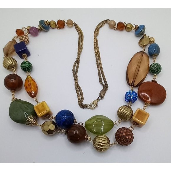 Chunky‎ Multi Gemstone Beads Mixed Texture Two Strand Gold Tone Necklace 34" - Picture 6 of 8